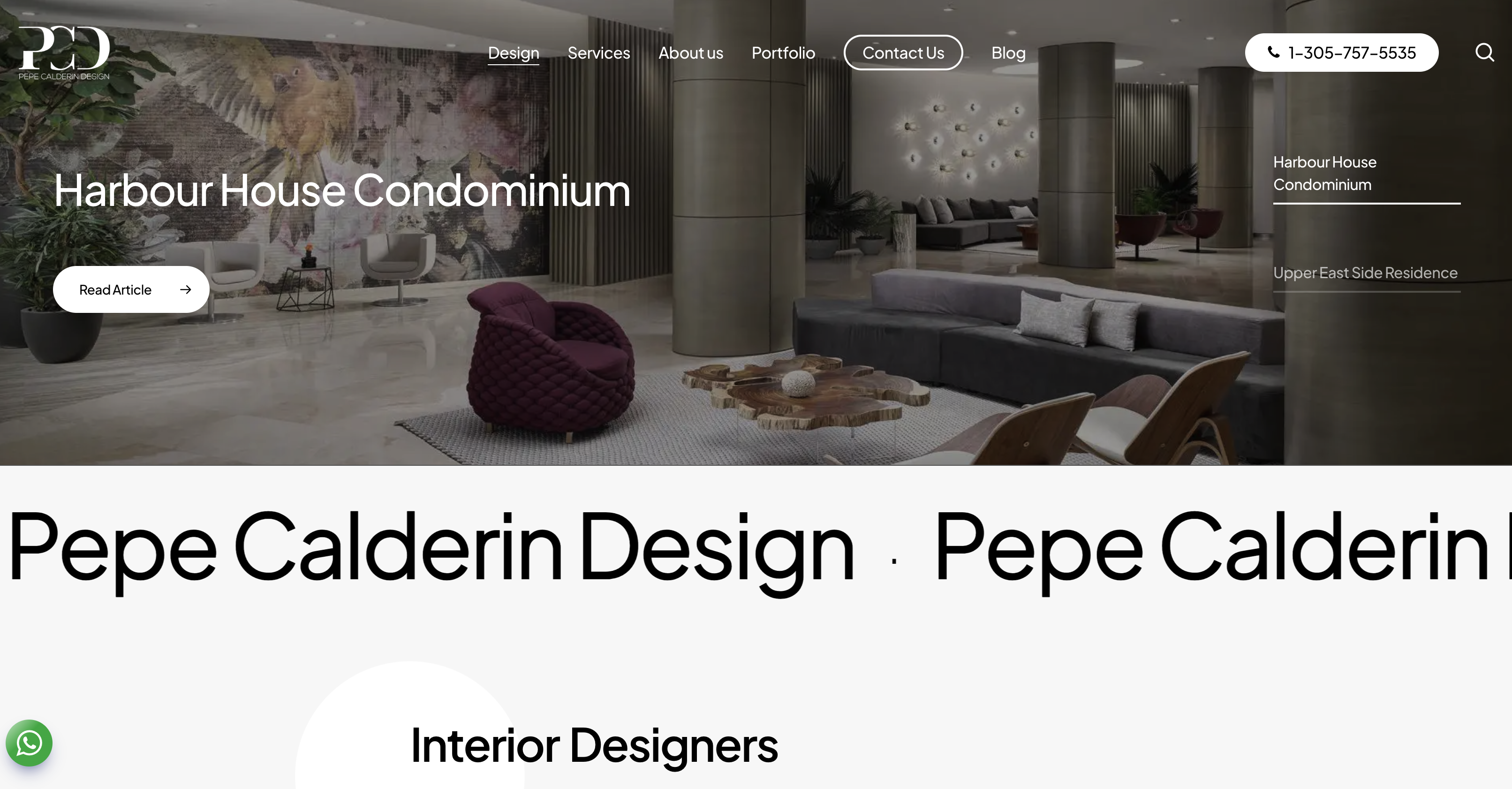 Pepe Calderin Design homepage, with the Harbour House Condominium lobby in the hero, a Contact Us button and the phone number in the header
