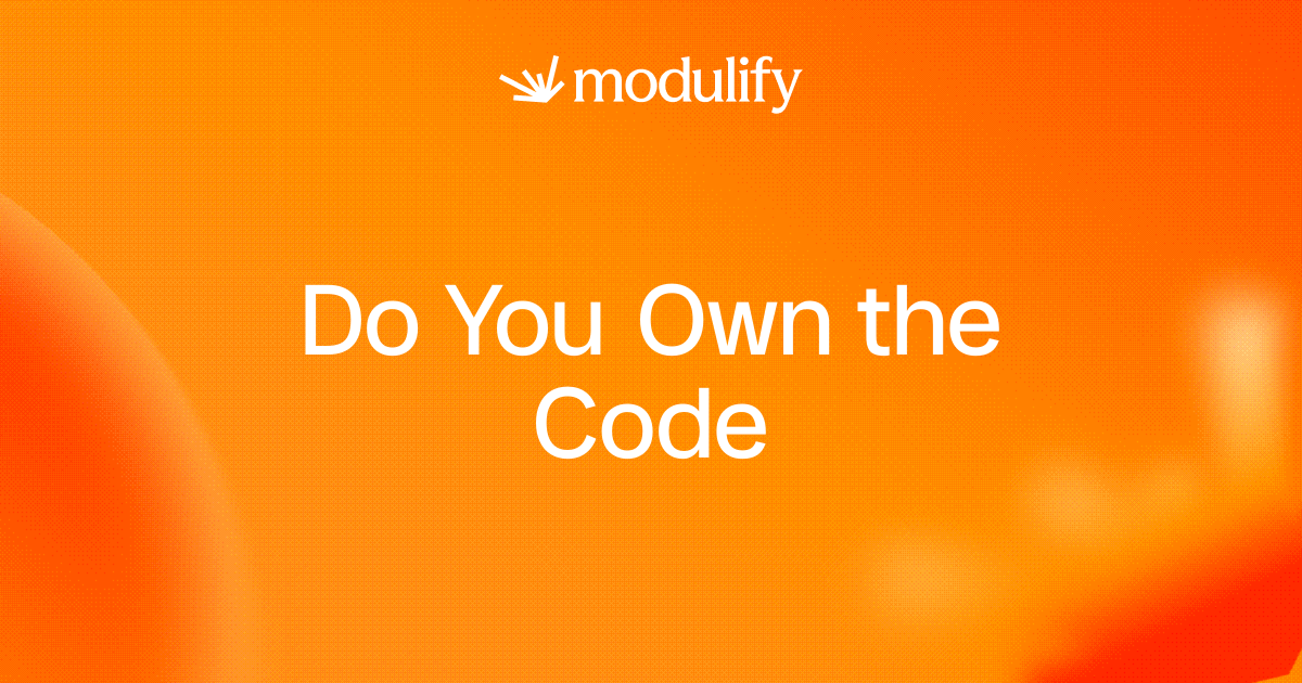 Cover for "Do You Own the Code an AI Builder Writes?", showing a project's code with an export option and a panel listing ownership rights